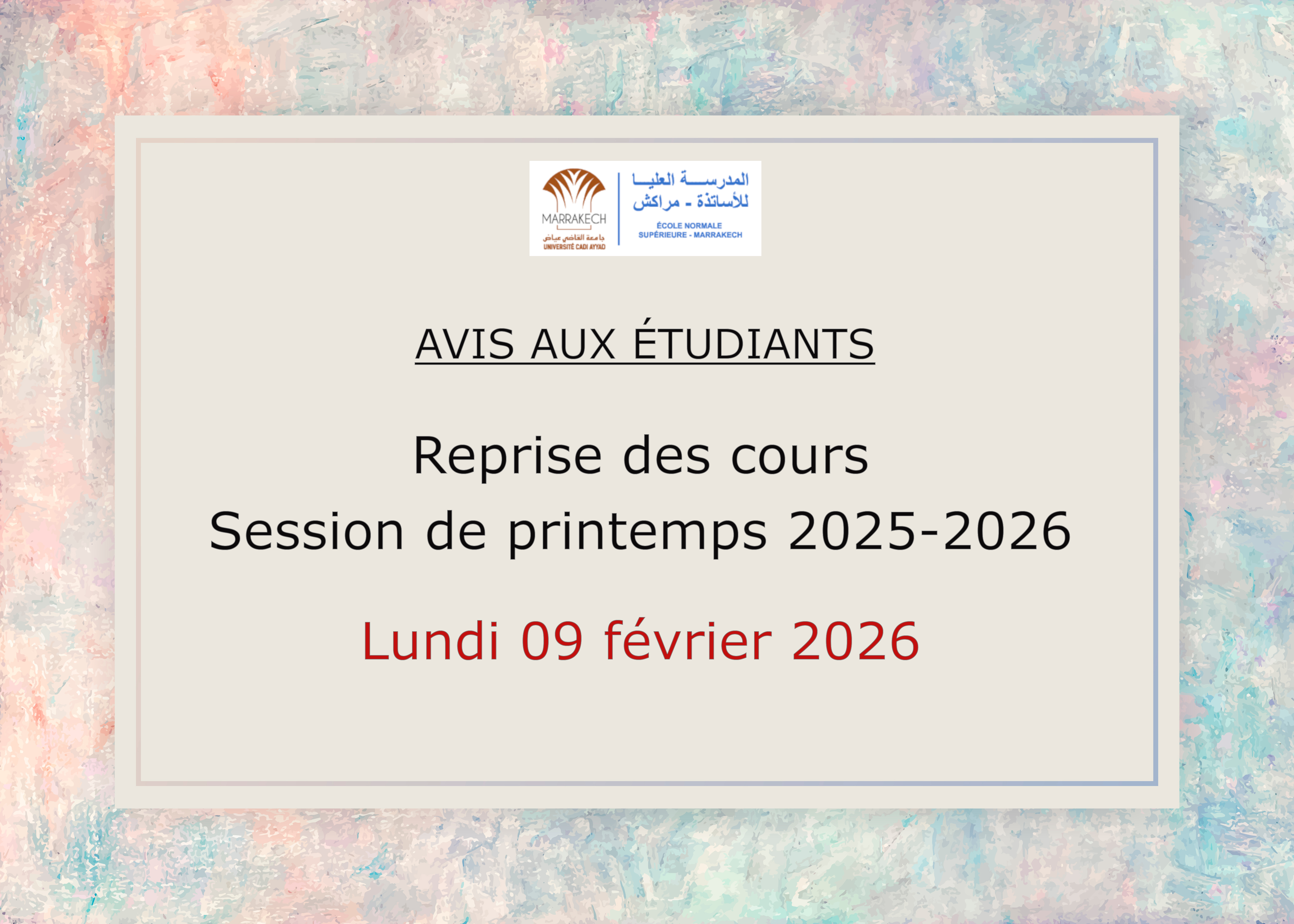 Reprise des cours - Session de printemps 2025-2026.