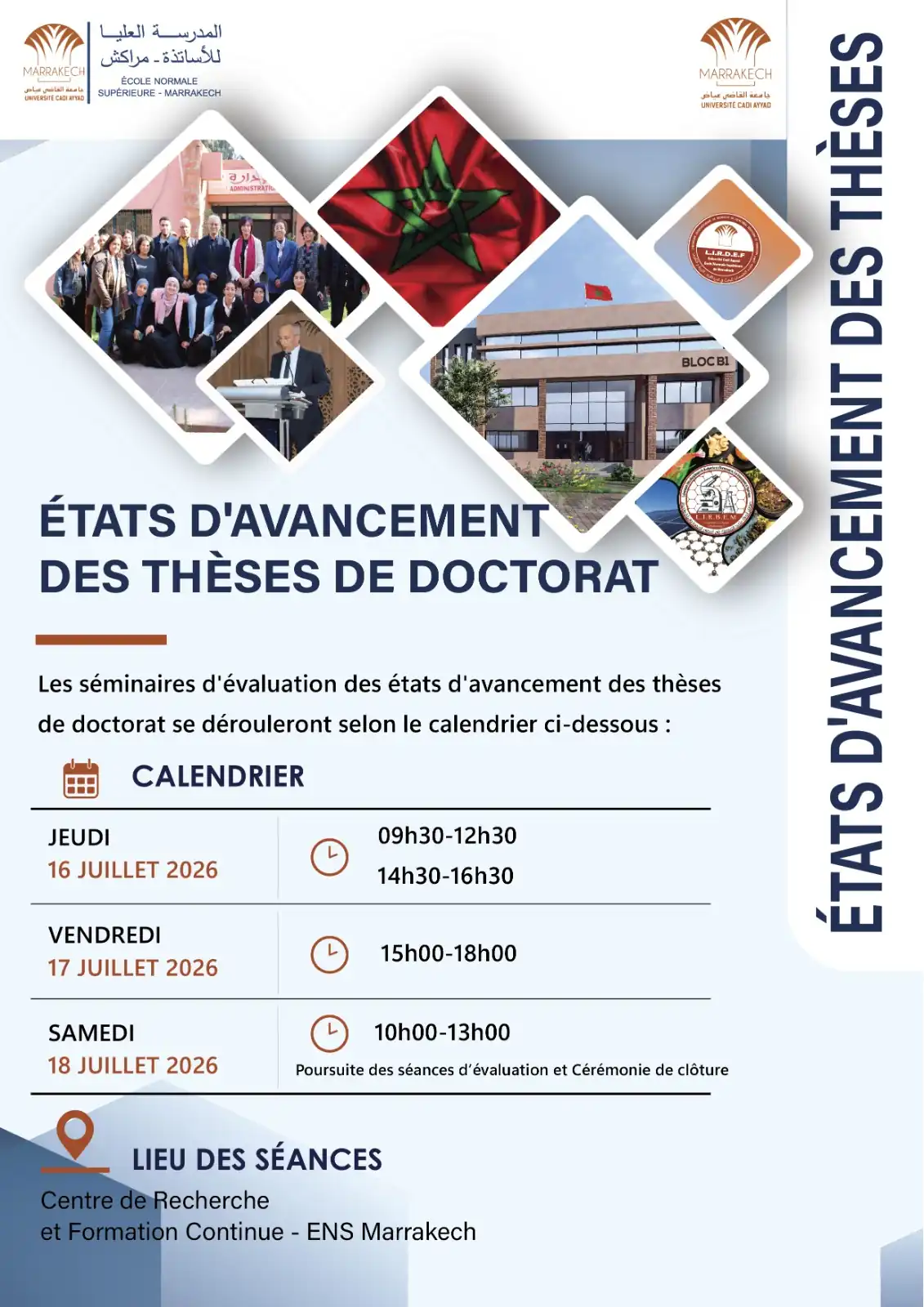 États d'avancement des thèses de doctorat – Calendrier des séminaires d'évaluation.