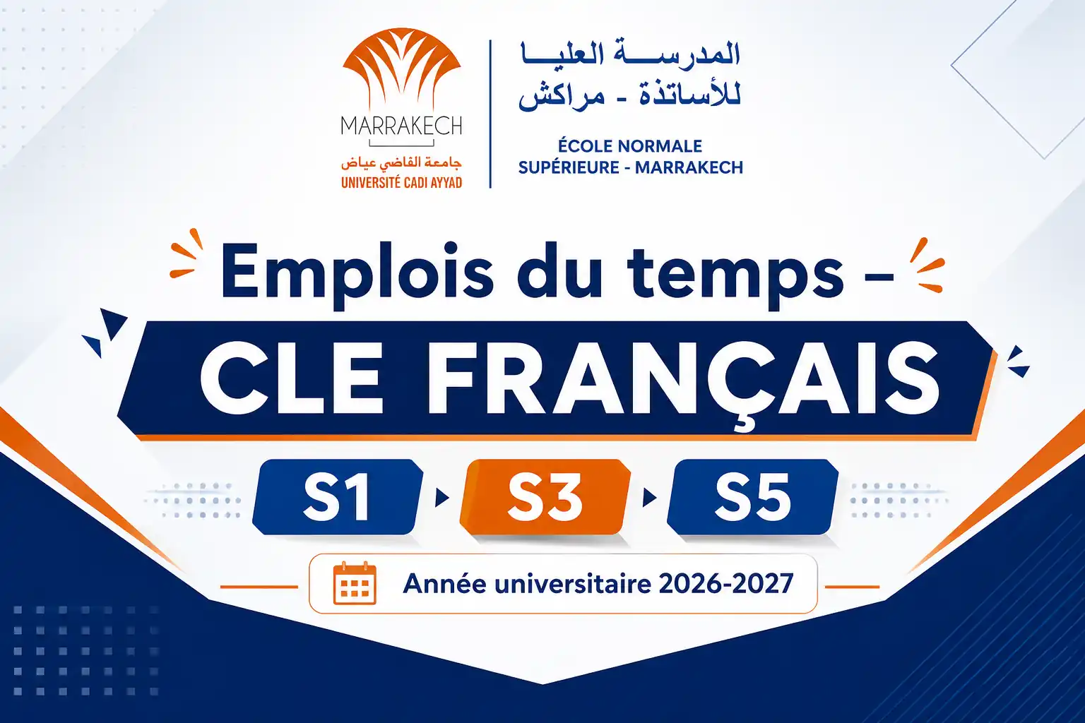 Emplois du temps – CLE FRANÇAIS (S1, S3 et S5) - Année universitaire 2026-2027