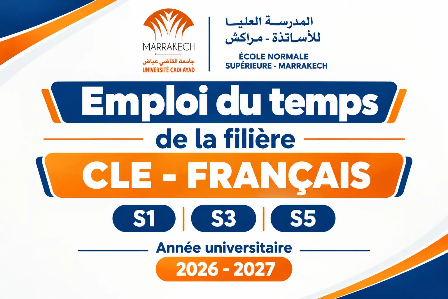 Empoi du temps de la filière CLE - FRANÇAIS | 2026 - 2027